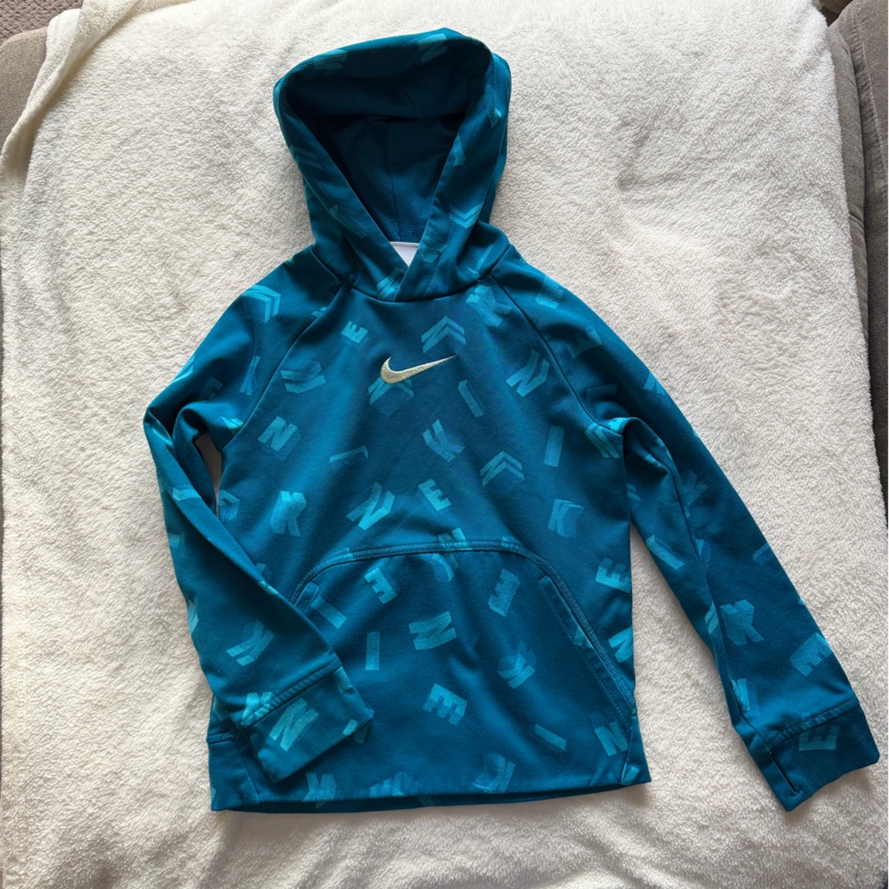 Nike Boys Sportswear All Over Print Pullover Hoodie Teal Blue Size Small
